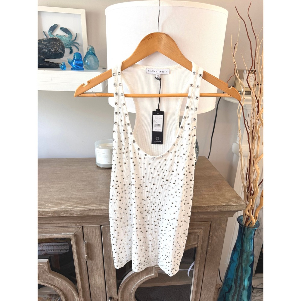 Rebecca‎ Minkoff Embellished Rib Tank Womens Alabaster XS